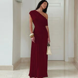 MQTIME  -  Women Navy Blue Asymmetrical One Shoulder Maxi Dress Elegant Chic  Formal Evening Gown Women's Wedding Party Long Dresses