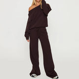  MQTIME  -  Women Lounge 2 Pieces Outfits Solid Color Off the Shoulder Long Sleeve Loose Fit Sweatshirt Tops and Wide Leg Pants Matching Set