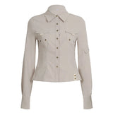 MQTIME  -  Autumn New Product Pocket Splicing Buckle Lapel Shirt Workwear Style Spicy Girl Waist Cinched Long Sleeved Cardigan Women