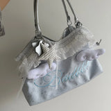 MQTIME  -  Y2K Aesthetic Cloud Decor Canvas Bag Women Detachable Star Pendant Silver Top Handle Fairy Coquette Daily Commute Handbag