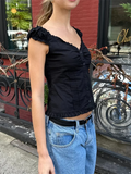 MQTIME  -  Women T-shirt Preppy Button Down Blouse Tops Y2k Vintage Cap Sleeve 00s Aesthetic Fairy Frill V Neck Crop Tops Milkmaid Vest