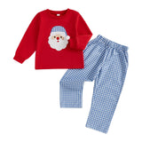 MQTIME  -  Kids Christmas Outfit Santa Claus Printed Long Sleeve Hoodie Top and Plaid Elastic Waist Pants with Pockets 2Pcs Set for