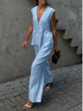 MQTIME  -  Fashion Solid Elastic Waist Wide Leg Loose Pants Suit Women Sleeveless Off Shoulder Ruffles Deep V-neck Top Sets New Street Wear