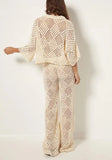 MQTIME  -  2 Piece Sets Knitted Openwork Outfit For Women Summer Casual Beach Suits Loose Single Breasted 3/4 Sleeve Tops And Pants Sets