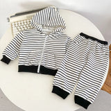 MQTIME  -  Autumn new baby clothing, 0-3 year old male and female babies, two-piece striped hooded long sleeved zipper jacket+pants set
