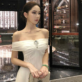 MQTIME  -  Summer Luxury Long Dresses Strapless Hanging Neck Party Dress Sleeveless Slim A-line Women White Mesh Dress