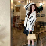 MQTIME  -  Women Lazy Style Sweater Spring Autumn Thick Soft Knitted Warm Cardigan Academia Striped Outerwear Top