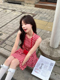 MQTIME  -  Y2k Red Sleeveless Tank Mini Dresses for Women Vintage Plaid Pleated Low Wasit Dress Summer Korean Cutecore Clothes Chic