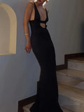MQTIME  -  Spring and Summer Women's Clothing V-neck Sleeveless Long Dress Knitted Blouse Sexy Slim-fitting Hollow Fashion Mesh Dress