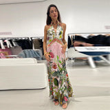  MQTIME  -  Print Long Dress For Women Stand Deep V-neck Sleeveless Backless Waist Cinching Robe Summer Elegant Female Party Dresses