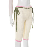 MQTIME  -  Women's Knitted Hollow Pants 2025 Fall New Casual Side Bandage Ruffles Hem Capri Straight Leg Trousers Holiday Beach Streetwear