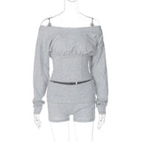 MQTIME  -  Women Solid 2 Piece Set Tracksuits Off Shoulder Long Sleeve Lace Up Slim T-shirts Crop Tops + Shorts Casual Streetwear Suits
