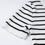 MQTIME  -  Contrast Striped Woollen Short-sleeved Single-breasted Cardigan Polo Neck Commuter Knit Top for Women