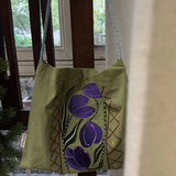 MQTIME  -  Original Floral Illustration Heavy Embroidery Tulip Canvas Single Shoulder Crossbody Bag