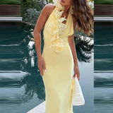 MQTIME  -  Chic Spliced Flower High Waist Banquet Dress Women New Spring Sexy Halter V Neck Robe Dress Summer Backless Wrap Hip Party Dress