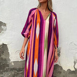 MQTIME  -  V-neck Long Dress With Sleeves Summer New Ladies Loose Party Dresses Vintage Pleated Stripe Printed Commuting Maxi Dresses
