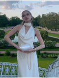 MQTIME  -  Swing Collar Temperament Dress Backless Pearl Chain Elegant Trendy Dresses Summer Women Vacation Evening Gown Bridesmaid