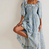 MQTIME  -  Boho Floral Maternity Dress Photography Backless Half Sleeve Ruffle Maxi Gown for Pregnant Women Gender Reveal Party Outfit