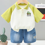 MQTIME  -  Summer Kids Boy Clothes Korean Fashion Cute Cotton Short Sleeve Tops+Denim Shorts Baby Boutique Clothing Children's Sets BC2127