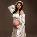  MQTIME  -  Boho Style Lace Maternity Dress Bohemian Photo Shooting Pregnancy Dress Baby Shower Ruffled Split Cut Lace Dress
