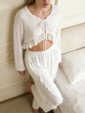  MQTIME  -  Women’s Spring Outfits Long Sleeve Tie-up Open Front Tops Shirts  + Ruffle Loose Pants 2 Piece Set Summer Loungewear