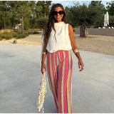 MQTIME  -  Rainbow Color Knitted Striped Pants Women Wide Leg Hollow Out Striped Loose Trousers 2025 Autumn Fashion Vacation Street Pants