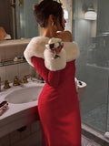  MQTIME  -  Furry Patchwork Christmas Dress Women Winter Elegant Trend Diagonal Collar Split Hem Full Sleeve Party Club Vestidos