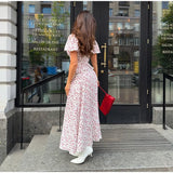 MQTIME  -  Floral Ruffles Patchwork Maxi Dress Women Summer V-neck Puff Sleeve High Waist Fashion Robes Lady Elegant Prty Long Drsss 2025
