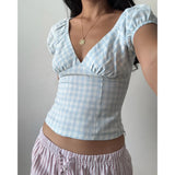 MQTIME  -  Womens Summer Y2k Harajuku Gingham Shirt Puff Short Cap Sleeve Deep V Neck Plaid Print Fashion Slim Fit Crop Tee Tops