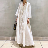 MQTIME  -  Off White Boho Dress Flare Sleeve A-line Embroidery Floral Midi Length Vestidos Holiday Style Oversized Long Dress