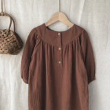  MQTIME  -  French Round Neck Pleated Cotton Crepe Muslin Dress Girls Autumn New Casual Loose Retro Brown Children's Dresses