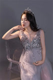  MQTIME  -  Silver Maternity Photography Dresses Sexy Sequin Beaded Dress Pregnant Women V Neck Sling Dress Baby Shower Maxi Dress
