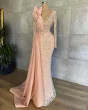  MQTIME  -  Mermaid Prom Dresses V Neck Illusion Long Sleeves Lace Appliques Crystal Beaded Hand Made Flowers Formal Customized