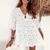 MQTIME  -  Sexy V Neck Lace-up Embroidery Lace Dress Autumn Half Sleeve Loose A-Line Party Dress Women Spring Jacquard Crochet Mini Dresses