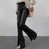 MQTIME  -  Women's High Waist Flare Pants Vertical Seam Slim Front Slit Hem Solid Long Trousers Autumn Fashion All-match Casual Outfit