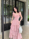 MQTIME  -  New French Sweet Pink Ruffles Beach Holiday Sleeveless Dress Women O-neck Slim Print Midi Tank Cake Long Dress Vestidos