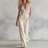MQTIME  -  Retro Jumpsuit Women Sexy Slim Fit Stripe Print Short Sleeve Deep V-Neck Versatile Casual Wear Summer Fashion Pants