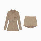 MQTIME  -  Suede Suit, Women's Autumn and Winter Waist Slim Fit, Hot Girl High-end Stand-up Collar Jacket, Thin Shorts Two-piece Set