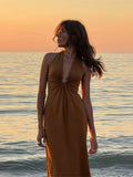 MQTIME  -  Sexy Hollow Out Women's Dressess Sexy Slim Halter Sleeveless Hip Package Long Robes Female 2025 Summer New Lady Beach Club Dress