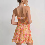 MQTIME  -  Sweet 2025 One Shoulder Mini Ruffles Dress Elegant Summer Floral Print Tie-up Party Dress Simple Women Backless Beach Dress New