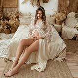  MQTIME  -  Boho Cotton Maternity Photo Shoot Dress Beige Bohemian Lace Stiches Cotton Pregnant Woman Photography Long Dresses