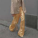  MQTIME  -  Women Sequin Wide Leg Pants Stretchy High Waist Loose Straight Trousers Club Party Elegant Long Pants Streetwear