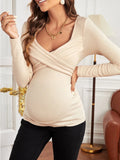 Mqtime Pregnant Women's Fashion Cross Wrap Sweetheart Long Sleeve V-Neck Ribbed Pregnant Mom Autumn/Winter T-shirt Top