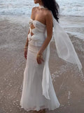 MQTIME  -  Sexy Sleeveless Hollow Out Sheath Long Dress Fashion Pleated Swing Romantic Dress Elegant Strapless Desire Style Gowns Dresses
