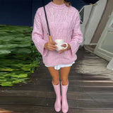 MQTIME  -  Women's Chic Sweet Pink O Neck Sweater Casual Loose Soft Comfortable Jacquard Long Sleeves 2025 Lady Autumn Winter Y2K Outwears