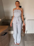MQTIME  -  Solid Lace Up Women 's Pant Sets Square Collar Sleeveless Tank Top High Waist Wide Leg Pants Female Outfits 2025 Lady Outwears