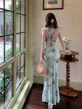 MQTIME  -  Butterfly print backless camisole dress for women's summer temperament buttocks wrapped long slim fit waist fishtail Dress