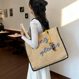  MQTIME  -  Women Large Capacity Hand Woven Straw Tote Bag Top Handles Simple Letter Embroidery Summer Beach Travel Shopping Handbag
