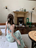 MQTIME  -  Butterfly print backless camisole dress for women's summer temperament buttocks wrapped long slim fit waist fishtail Dress