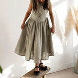 MQTIME  -  Vintage Cotton Linen Girls Sleeveless Dress Chic Open Back Buttons Bandage Bow Sweet Loose Wending Evening Party Dresses